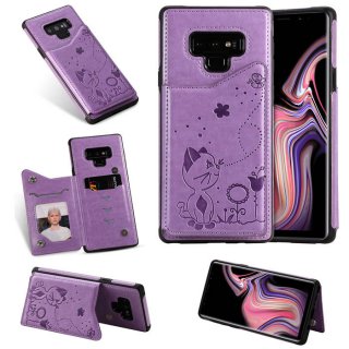 Samsung Galaxy Note 9 Bee and Cat Card Slots Stand Cover Purple