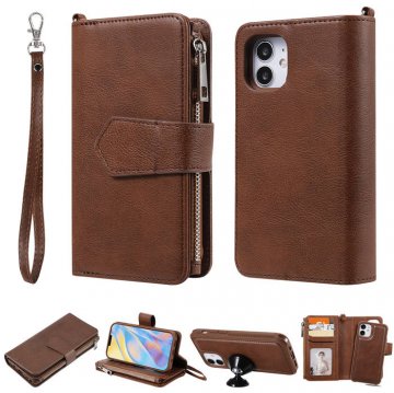 iPhone 12 Zipper Wallet Magnetic Detachable 2 in 1 Case Brown