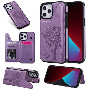 iPhone 12 Pro Max Embossed Tree Cat Magnetic Clasp Wallet Stand Case Purple