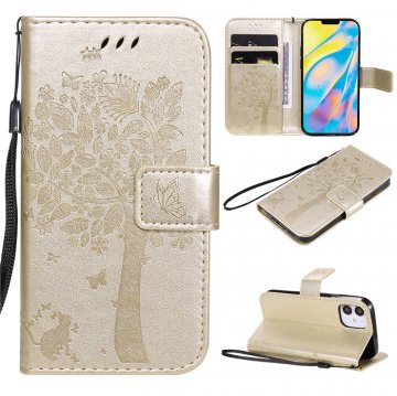 iPhone 12 Embossed Tree Cat Butterfly Wallet Stand Case Gold
