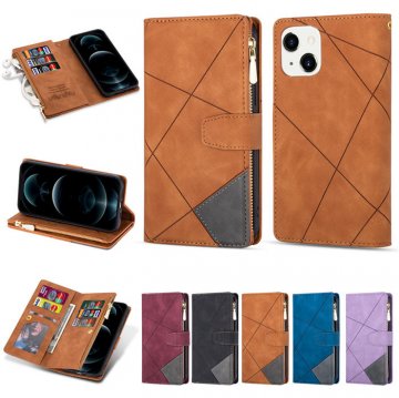 iPhone 13 Mini Color Splicing Lines Wallet Case Brown