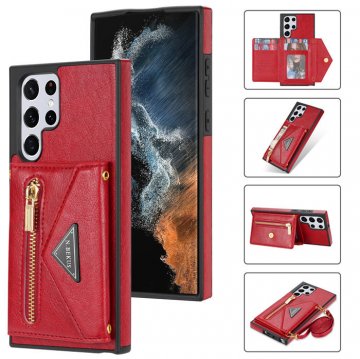 Crossbody Zipper Wallet Samsung Galaxy S22 Ultra Case With Strap Red