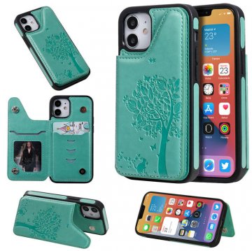 iPhone 12 Mini Embossed Tree Cat Magnetic Clasp Wallet Stand Case Green
