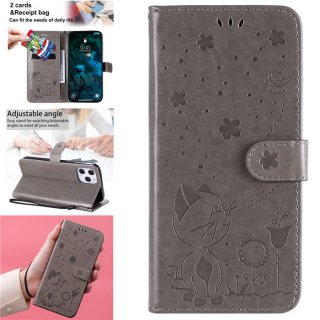 iPhone 12 Pro Max Embossed Cat Bee Wallet Magnetic Stand Case Gray