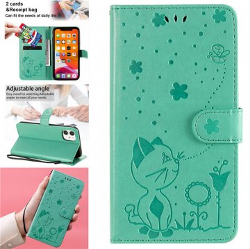 iPhone 11 Embossed Cat Bee Wallet Magnetic Stand Case Green