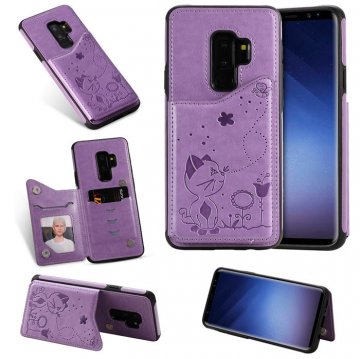 Samsung Galaxy S9 Plus Bee and Cat Card Slots Stand Cover Purple