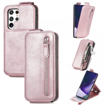Zipper Pocket Vertical Flip Wallet Stand Case Rose Gold For Samsung