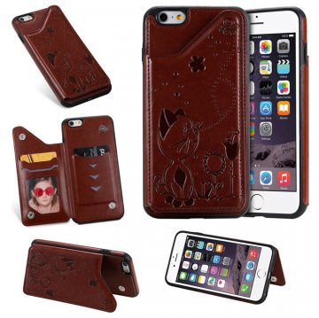 iPhone 6 Plus/6s Plus Bee and Cat Embossing Card Slots Stand Cover Brown