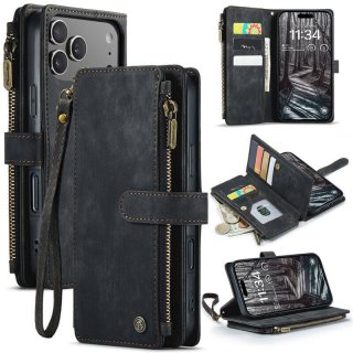 CaseMe iPhone 17 Pro Max Wallet Kickstand Case with Wrist Strap Black
