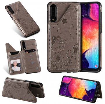 Samsung Galaxy A50 Bee and Cat Magnetic Card Slots Stand Cover Gray