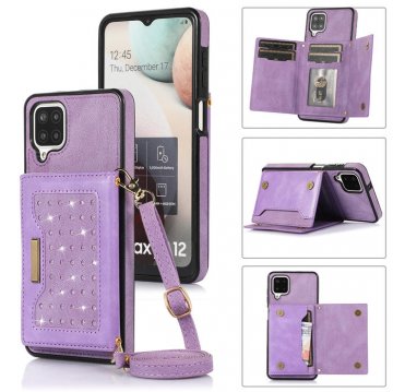 Bling Crossbody Wallet Samsung Galaxy A12 5G Case with Strap Purple
