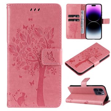 Embossed Butterfly Tree Leather Wallet Stand Phone Case Pink