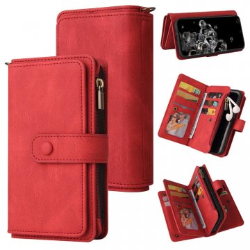 For Samsung Galaxy S20 Ultra Wallet 15 Card Slots Case with Wrist Strap Red