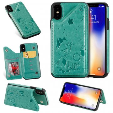 iPhone X Bee and Cat Embossing Magnetic Card Slots Stand Cover Green