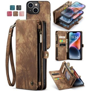 CaseMe iPhone 13 Zipper Wallet Case with Wrist Strap Coffee