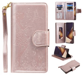 Samsung Galaxy Note 20 Ultra Embossed Girl Cat 9 Card Slots Wallet Stand Case Rose Gold