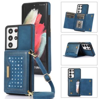 Bling Crossbody Wallet Samsung Galaxy S21 Ultra Case with Strap Blue