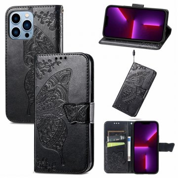 Butterfly Embossed Leather Wallet Kickstand Case Black For iPhone