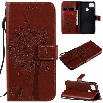 Xiaomi Redmi 9C Embossed Tree Cat Butterfly Wallet Stand Case Brown