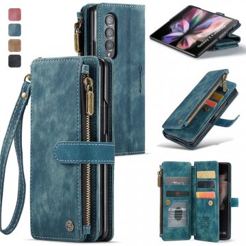 CaseMe Samsung Galaxy Z Fold3 5G Wallet Kickstand Case with Wrist Strap Blue