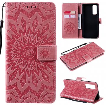 Huawei P Smart 2021 Embossed Sunflower Wallet Magnetic Stand Case Pink