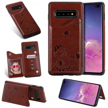 Samsung Galaxy S10 Plus Bee and Cat Magnetic Card Slots Stand Cover Brown