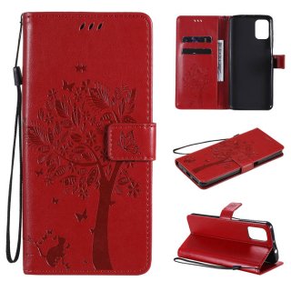 Motorola Moto G9 Plus Embossed Tree Cat Butterfly Wallet Stand Case Red