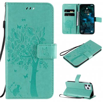 iPhone 12 Pro Max Embossed Tree Cat Butterfly Wallet Stand Case Green