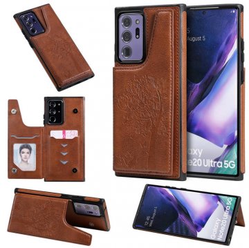 Samsung Galaxy Note 20 Ultra Luxury Tree and Cat Magnetic Card Slots Stand Cover Brown