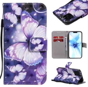 iPhone 12 Pro Violet Butterfly Painted Wallet Magnetic Kickstand Case