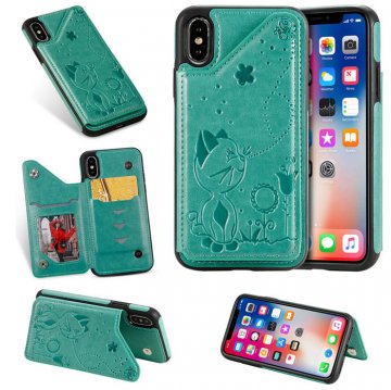 iPhone XS Bee and Cat Embossing Card Slots Stand Cover Green