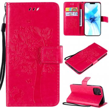 iPhone 12 Pro Embossed Tree Cat Butterfly Wallet Stand Case Rose
