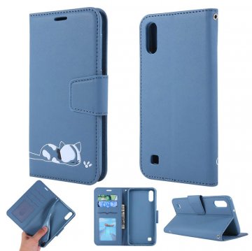Samsung Galaxy A10 Cat Pattern Wallet Magnetic Stand Case Blue