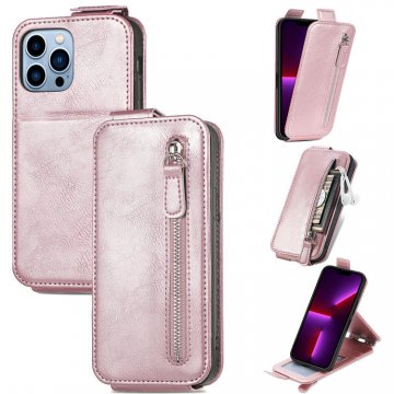 Zipper Pocket Vertical Flip Wallet Stand Case Rose Gold For iPhone