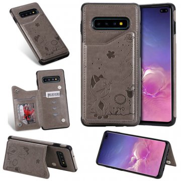 Samsung Galaxy S10 Plus Bee and Cat Magnetic Card Slots Stand Cover Gray