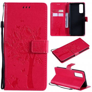 Huawei P Smart 2021 Embossed Tree Cat Butterfly Wallet Stand Case Rose