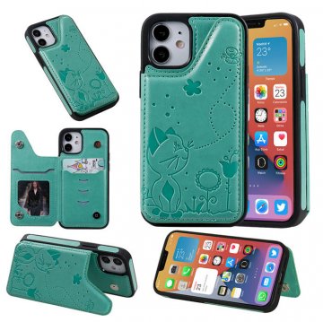 iPhone 12 Luxury Bee and Cat Magnetic Card Slots Stand Cover Green