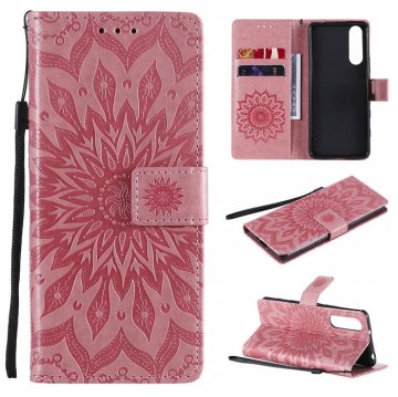 Sony Xperia 5 II Embossed Sunflower Wallet Magnetic Stand Case Pink