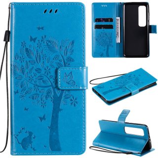 Xiaomi Mi 10 Ultra Embossed Tree Cat Butterfly Wallet Stand Case Blue