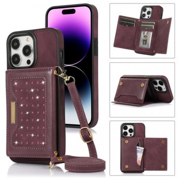 Bling Crossbody Bag Wallet iPhone 14 Pro Max Case with Lanyard Strap Red