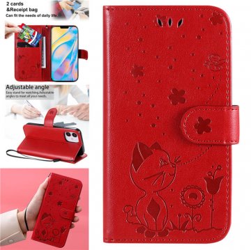iPhone 12 Mini Embossed Cat Bee Wallet Magnetic Stand Case Red