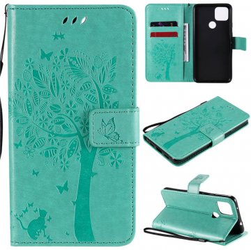 Google Pixel 4A 5G Embossed Tree Cat Butterfly Wallet Stand Case Green