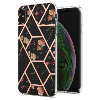 iPhone XS Max Flower Pattern Marble Electroplating TPU Case Black