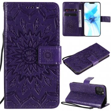 iPhone 12 Pro Embossed Sunflower Wallet Magnetic Stand Case Purple