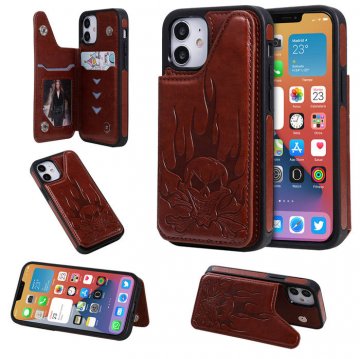 iPhone 12 Embossed Skull Magnetic Clasp Wallet Stand Case Brown