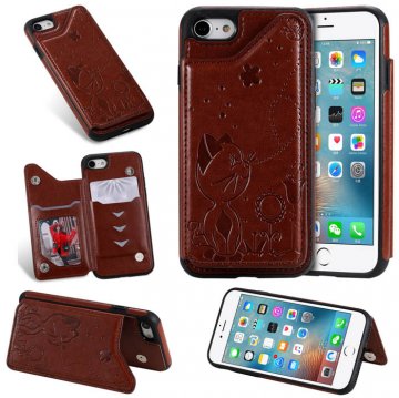 iPhone 7/8 Bee and Cat Embossing Magnetic Card Slots Stand Cover Brown