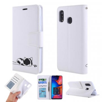 Samsung Galaxy A20 Cat Pattern Wallet Magnetic Stand Case White