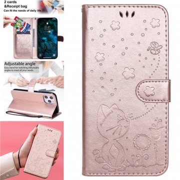 iPhone 12 Pro Max Embossed Cat Bee Wallet Magnetic Stand Case Rose Gold