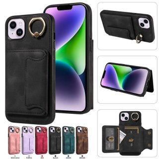 For iPhone 14 Plus Card Holder Ring Kickstand Case Black