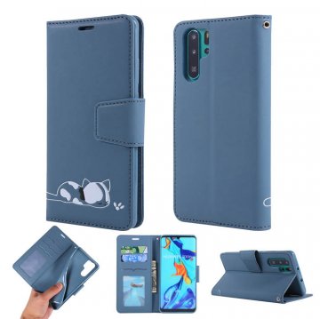 Huawei P30 Pro Cat Pattern Wallet Magnetic Stand Case Blue